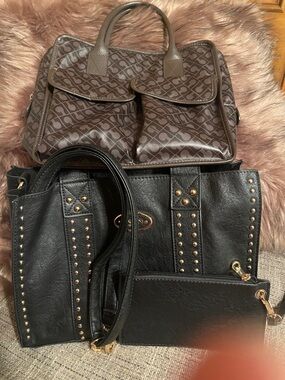 Brown Patterned Tote Bag and Black Studded Handbag Set